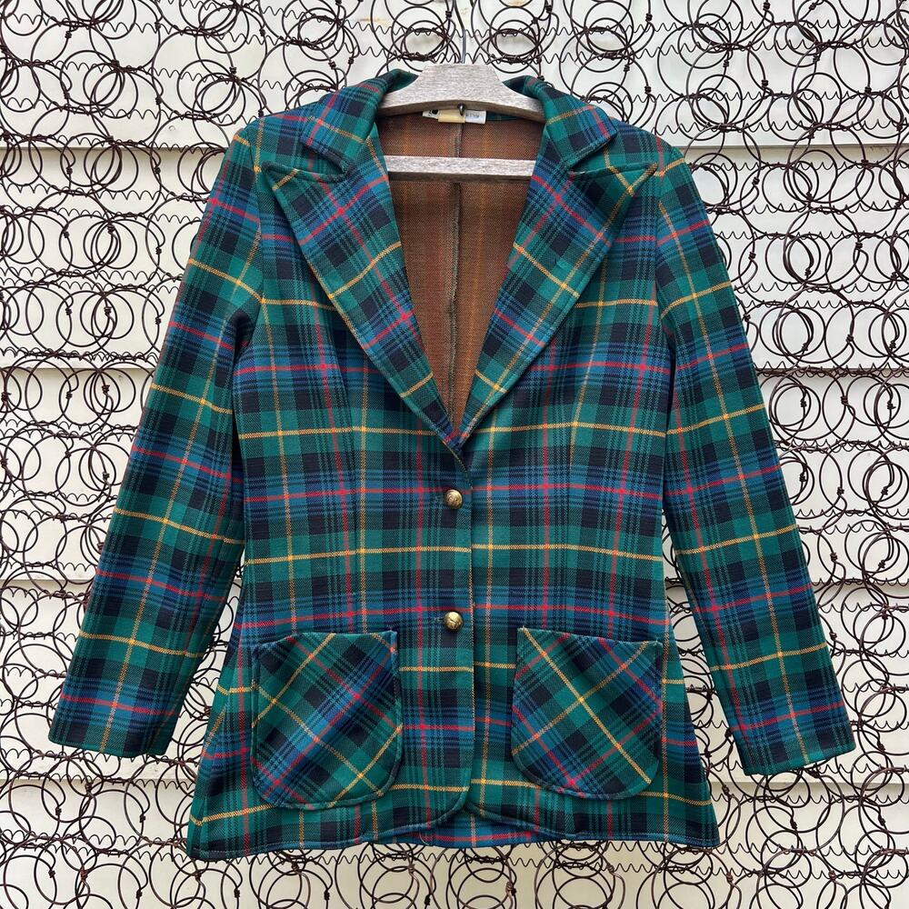 Vintage 70s Queen Casuals Scottish Green Blue Plaid Blazer Polyester Size 11/12